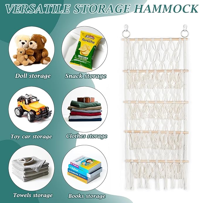 42cm Wide Over the Door Stuffed Animal Storage Hammock Corner Wall Hanging Storage Holder Boho Macrame Plush Toy Organizer Net for Stuffed Animal (Beige)