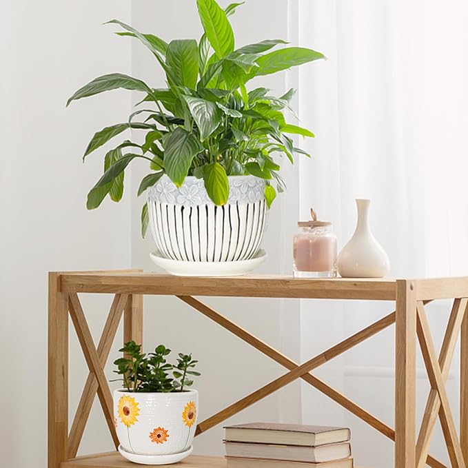 Hlukana Ceramic Plant Pots Set of 3, 6.75/5.6/4.2 inch Planters with Drainage Holes and Saucer, Flower Pot Outdoor Indoor, Modern Decorative Planters for House Plants Garden Planters Succulent Pots