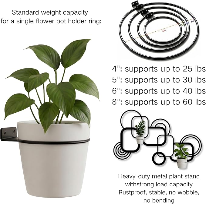 OZF Geometric Metal Wall Mounted Plant Holder, Metal Wall Plant Holder for Indoor, Geometric Line Hanging Planters for Living Room,Office (White, 24"x 14"| 62x38cm, 2 Pack 4" Flower Pot Holder Ring)