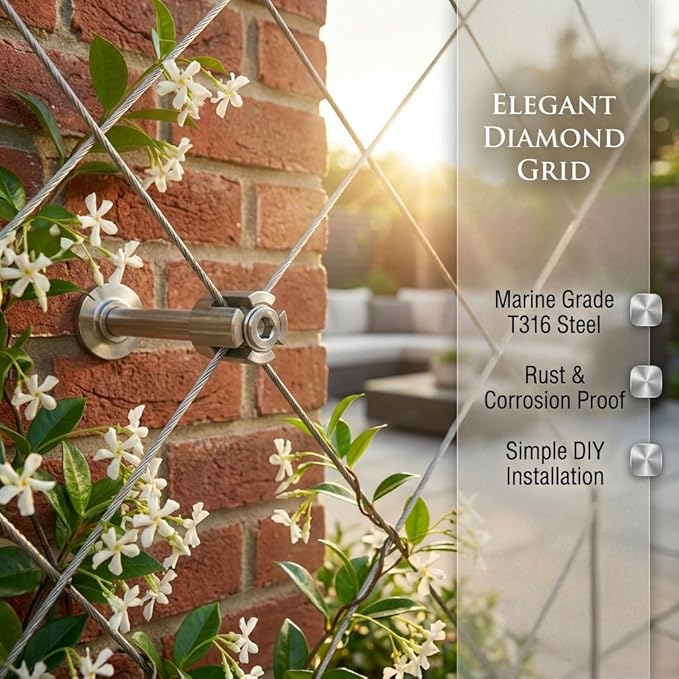 12 Set Wire Trellis Kit, 53ft x 2mm T316 Stainless Steel Cable & Cutter, Corrosion Resistant Outdoor Wall Espalier System for Climbing Plants and Vine Support (Installation Tools Included)