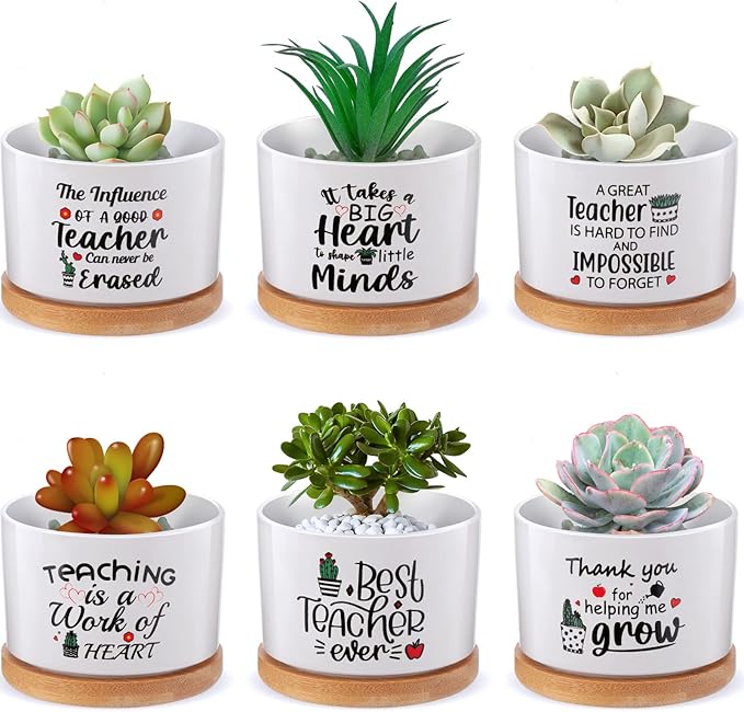 Potchen 6 Pcs Teacher Appreciation Gifts Bulk Succulent Pots Thank You for Helping Me Grow Planter with Bamboo Tray Funny Ceramic Succulent Gifts for Teacher, Women, Coworker