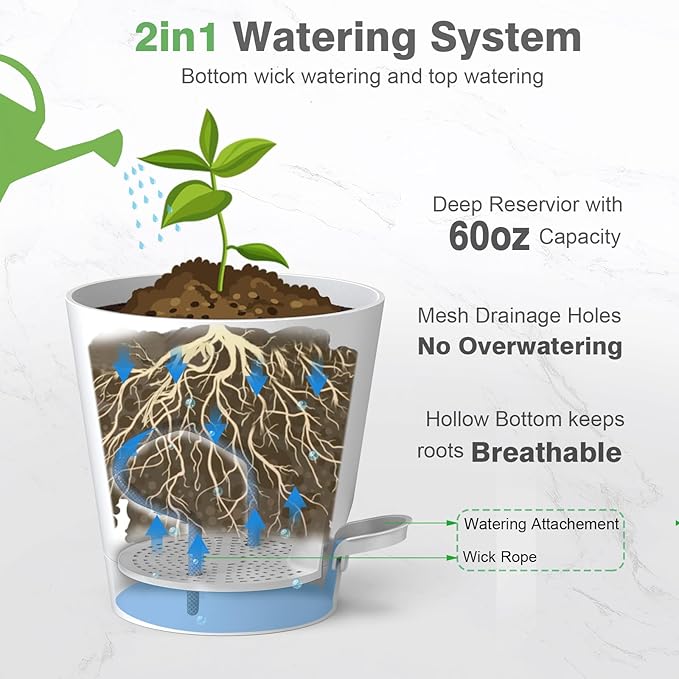 SwinDuck 12inch Large Self Watering Plant Pot, Plastic Cylinder Planter with 60Oz Deep Reservoir and Saucer for Indoor Outdoor Plants Flowers Houseplants, White