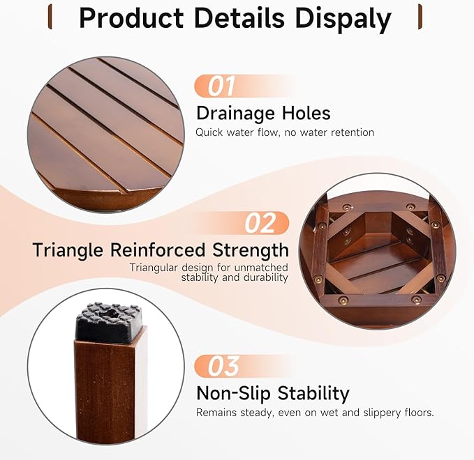 Round 16 Inch Bamboo Waterproof Shower Bathroom Stool Chair, Duty Wooden Bath Corner Shaving Legs Bench Seat (Walnut, XL)