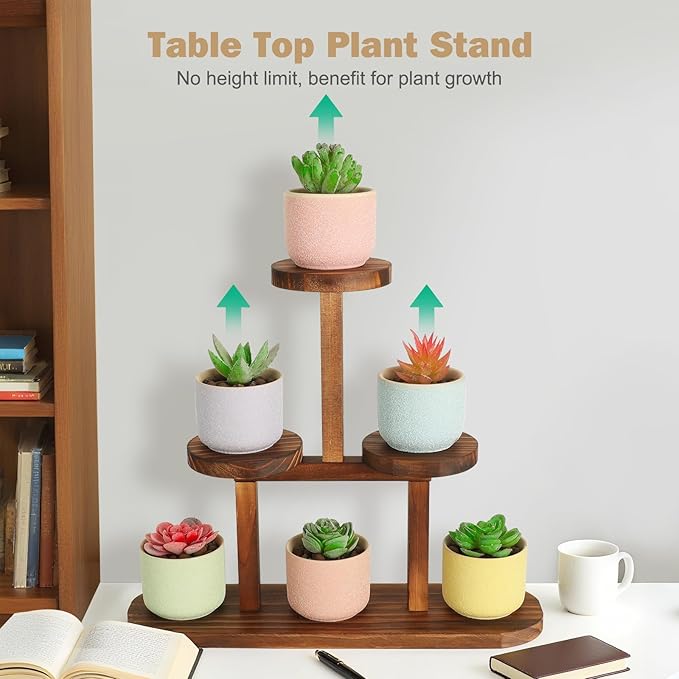 3 Tier Wood Table Top Plant Stand,Small Windowsill Plant Shelf Desk Succulent Stands, Mini Flower Stand Holer Rack for Desktop,Countertop,Window,Kitchen,Office ,Corner,Round,Narrow,Walnut Color