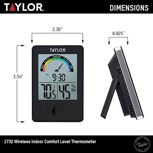 Taylor Digital Wireless Indoor Comfort Level Thermometer and Hygrometer, Easy-to-Read Display for Home, Office, Greenhouse, Nursery, and Indoor Areas, Black