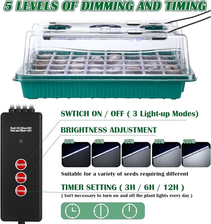 FillTouch 2 Packs 80 Cells Seed Starter Trays Kit with 4 Grow Light Seed Starter Kit Seedling Starter Trays with Humidity Dome and 80 Pcs Peat Pellet for Garden Seeds Propagation Seedlings