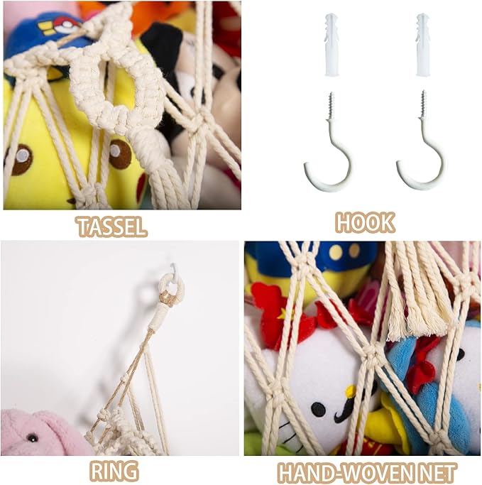 YKBU Stuffed Animal Net or Hammock Wall Hanging Net for Stuffed Animal Storage Macrame Toy Display Plush Toy Holder Soft Toy Organizer for Nursery Baby Bedroom Playroom-Cream