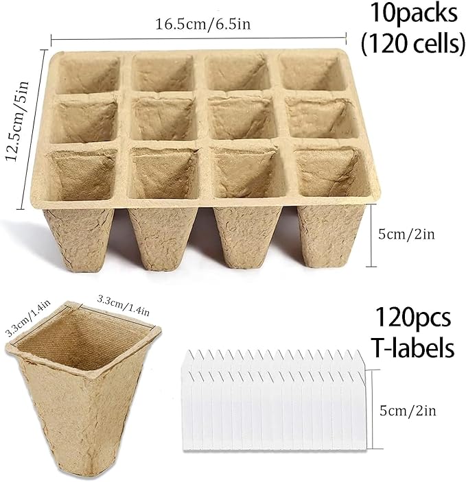 10 Packs Peat Pots, 120Pcs Seed Starter Tray Kit with 120Pcs Plant Labels, Biodegradable Seed Starter Pots, Germination Kit for Garden Plant Nursery