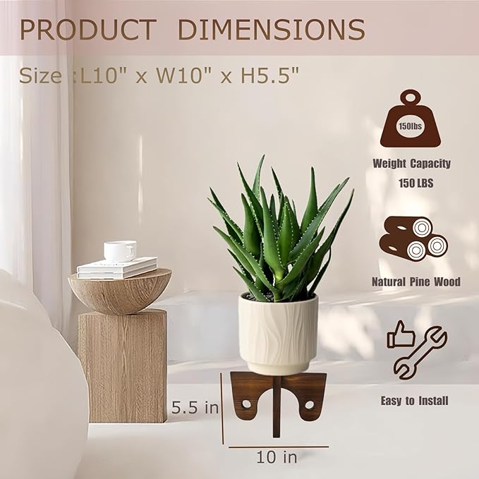10 Inch Boho Wood Plant Stand - Small Plant Stands Indoor for 4-11 Inch Pots, Single Plant Stand Indoor with Plant Holder & Plant Stool, Short Wood Plant Stands Indoor for Home Decor (Brown)