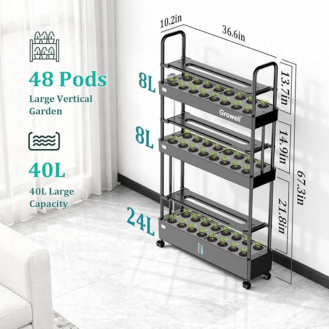 Growell Large Basket Hydroponics Growing System Kit, 48 Pods Vertical Hydroponic Garden with 2 Grow Light Modes, Auto Circulating Water System, 40L Indoor Gardening System for Herb Vegetable Fruit