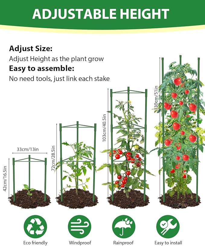 MYMULIKE 6 Pack Tomato Cages for Garden, 51in*13in Adjustable Tomatoes Plant Stakes Support Cages Trellis, Garden Trellis for Vegetable Flowers Fruits Climbing Plants- 20 Binding Wires Included