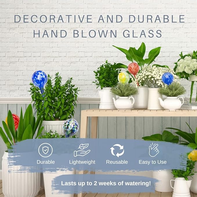 Lexi Home Aqua Globes for Indoor Plants & Outdoor Plants, Watering Can for Plant, Self Watering Planters, Water Globe, Hand Blown Glass, 4 Pack Large, Blue/Blue