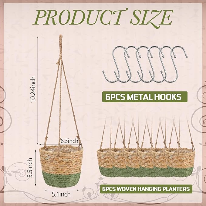 6 Pcs Seagrass Hanging Planter Basket Hand Woven Plant Basket with Plastic Liners Hanging Plant Holder Storage Containers with Cotton Rope for Indoor Garden Decor (Small,Brown,Green)