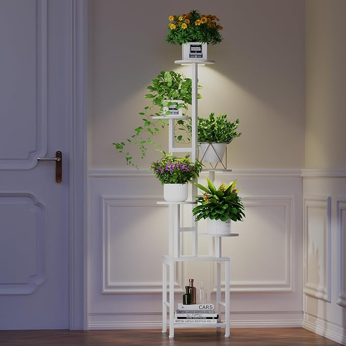 Homsorout Plant Stand Indoor with Grow Light, 6-Tiered Tall Plant Stand Indoor, Metal Plant Shelf with Hanging Basket Hook and Adjustable Light, Ideal for Living Room, Garden, Round Patio white