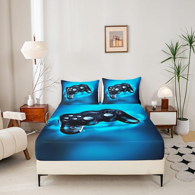 Feelyou Gamer Bedding Set Queen Size for Boys Kids Bed Sheet Set Gaming Video Game Sheets Set Lightweight Breathable Men Teens Game Room Decor Sheet, 1 Fitted Sheet + 1 Flat Sheet + 2 Pillow Case