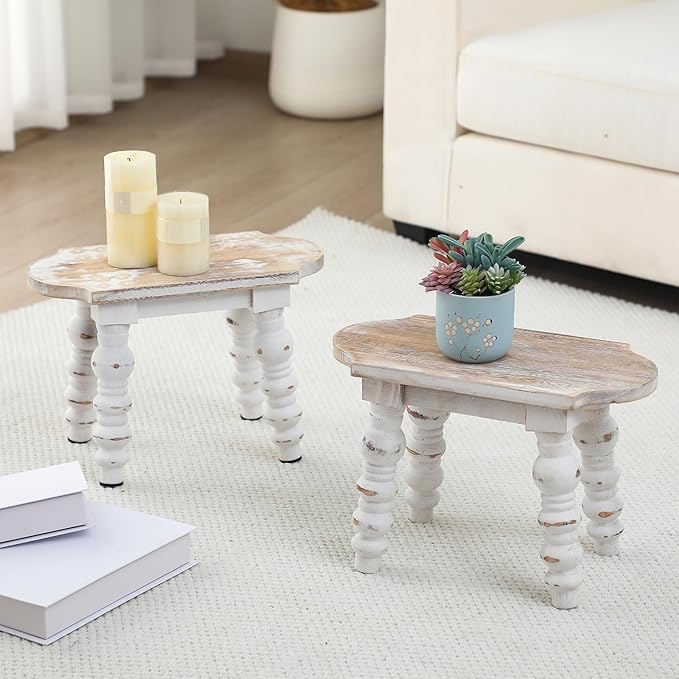Reallnaive 2 Pack Wooden Bathroom Foot Stool Vintage Farmhouse Style Decorative Wooden Stool Stand Small Plant Stools for Adults Kitchen Bedroom Nightstand or Living Room Accent Table