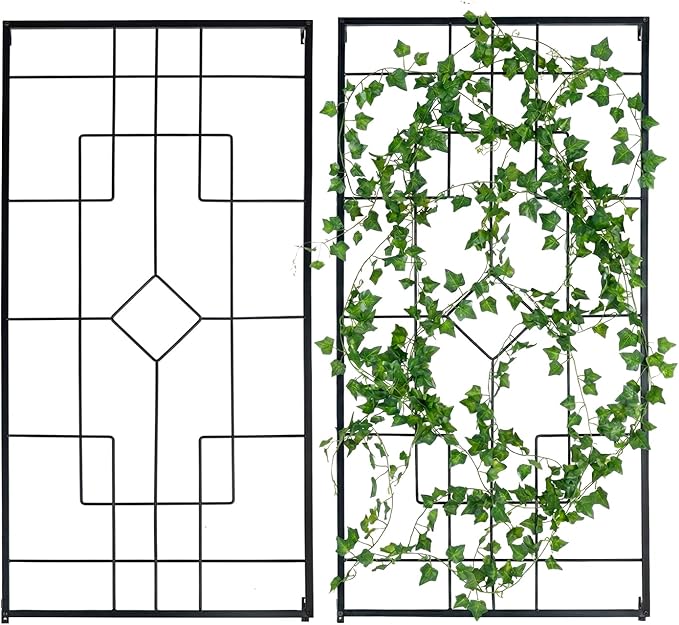 MyGift Wall Mounted Garden Trellis, 3.9 ft Black Metal Geometric Vintage Art Deco Lattice Frames for Climbing Plants and Vines