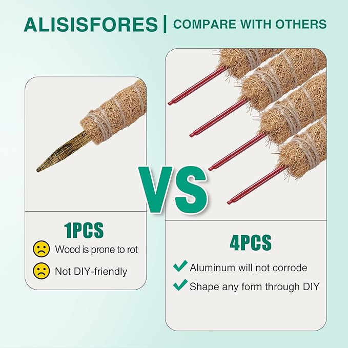 AlisisFores 4 Pcs Bendable Moss Pole for Monstera Plant Support，24 Inch Handmade Coir Pole Stick for Climbing Plants Indoor Plant Stakes for Potted Plants to Grow Upwards