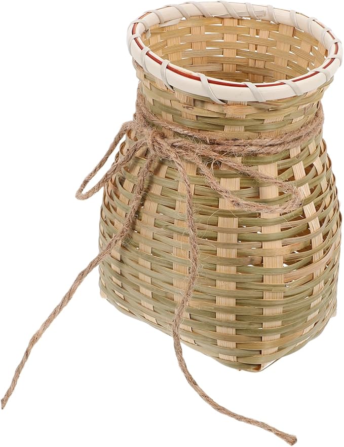 Zerodeko 1pc Bamboo Basket Seagrass Basket Woven Baskets Rustic Wicker Vase Rattan Plant Container Round Storage Basket French Bucket Vase Basket for Fruit Woven Flower Container Fruit Vase