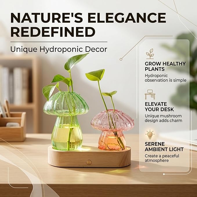 Plant Propagation Station with Light,Mushroom Glass Vases with Stepless Dimming Function for Home Office Decor,Hydroponic Glass Jars Gardening Gifts for Mom Women Plant Lovers