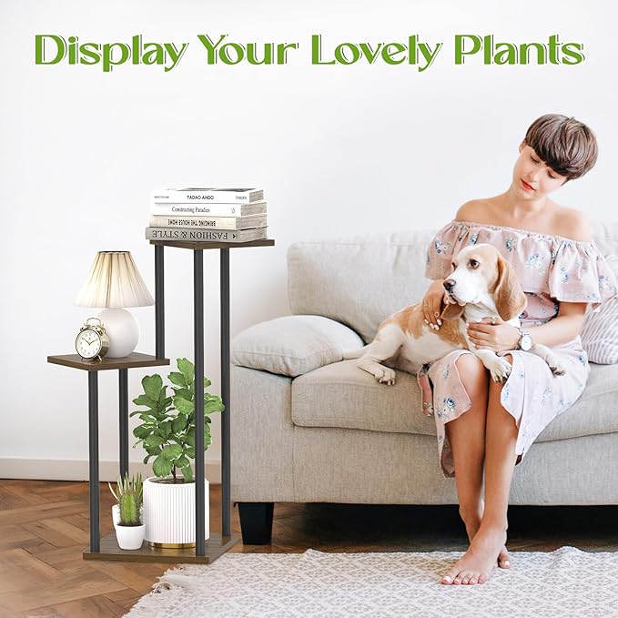 Oppro 3 Tier Plant Stand Indoor Outdoor, Wood Metal Flower Shelf Pot Holder Clearance, Tall Multiple Plants Corner Rack Aesthetic Organizer for Patio Orchid Office Porch Living Room Garden, Black Oak