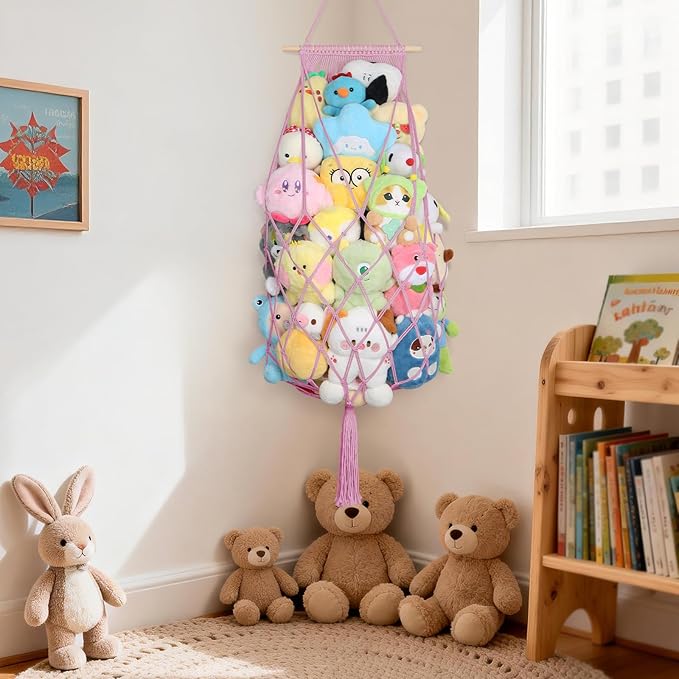 Stuffed Animals Storage Hammock Corner, 70 Inch Jumbo Macrame Plushie Net for Stuffed Animals Organizer, Wall Ceiling Hanging Stuffy Hammock Holder for Kid Boho Nursery Decor Gift (Pink)