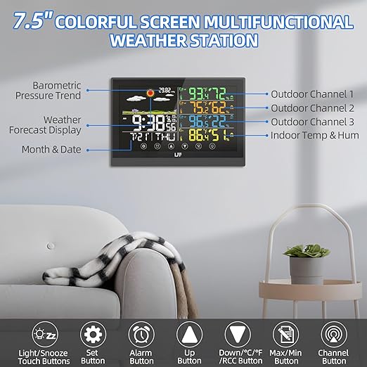 LFF Weather Station, Indoor Outdoor Weather Station Wireless with Multiple Sensors, Color Display Digital Atomic Clock Indoor Outdoor Thermometer Wireless, Forecast Station with Adjustable Backlight