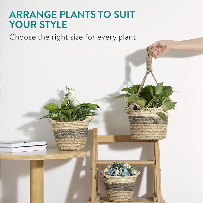 Navaris Seagrass Hanging Plant Pot Set - Decorative Indoor House Plant & Flower Pots with Jute Rope - Woven Basket Design for Home Storage - Small, Medium and Large Planters