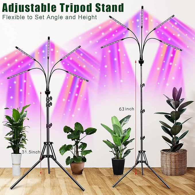 yentbokj Grow Lights for Indoor Plants,5 Heads Red Blue White Full Spectrum Plant Light with 15-60" Adjustable Tripod Stand, Indoor Grow Lamp with Remote Control and Auto On/Off Timer Function