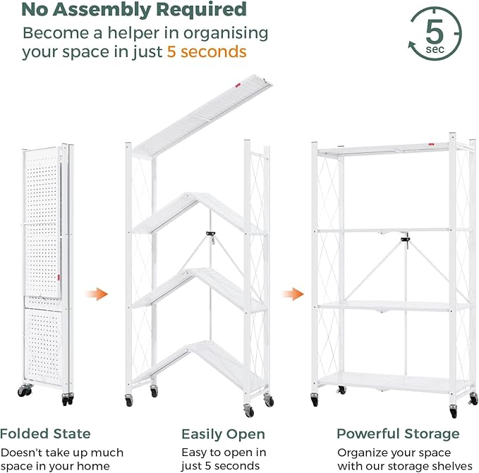 DEANIC 4 Tier Foldable Storage Shelves with Wheels, Large Capacity Shelving Unit, Freestanding Metal Wire Shelf Rack, No Assembly Organizer Rack for Garage Kitchen, Basement, Pantry(White)