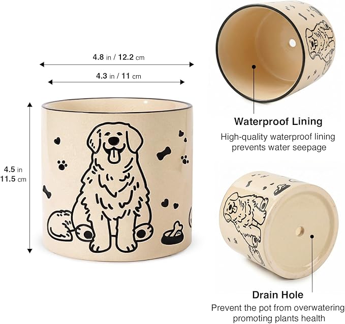 STHIE Ceramic Flower Pots with Drainage Holes, 5 inch Ceramic pots for Plants, Cute Round Flower Planters for Snake Plant, Hand-Painted Garden Pots (Sitting Dog)