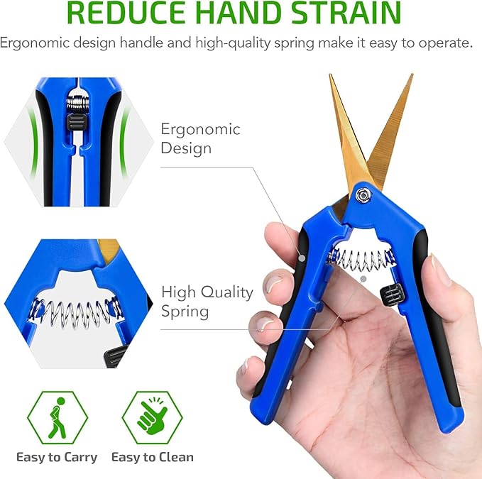 iPower 6.5 Inch Garden Pruning Shears with Titanium Coated Curved Precision Blades, Blue, 1-Pack