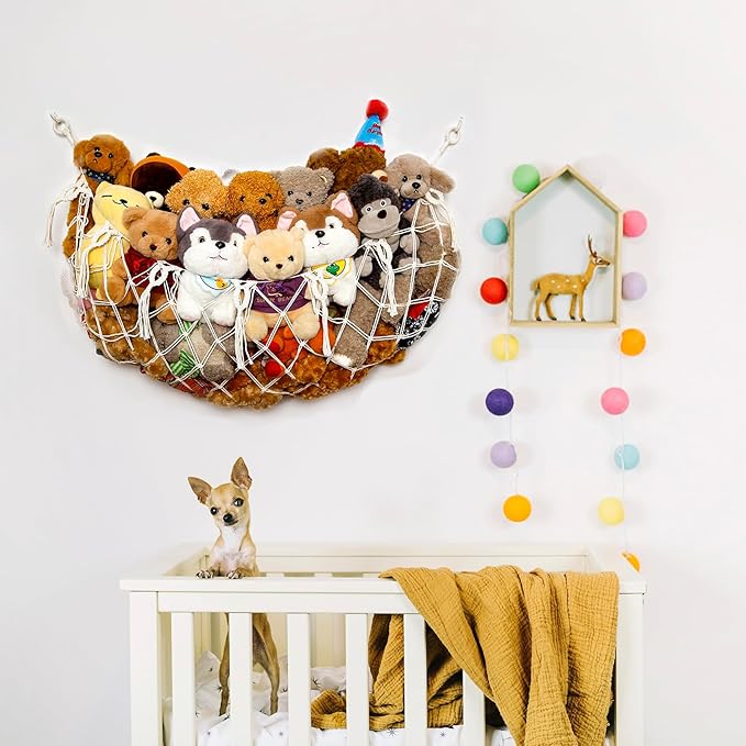 YKBU Stuffy Animal Net for Stuffed Animals Storage Hammock Macrame Stuffed Animal Toy Display Plush Toy Holder Wall Hanging Net for Stuffed Animal Display (Cream,49" W)