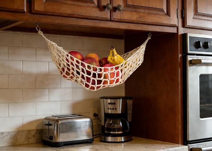 2-Pack Hanging Fruit Hammock with Hooks - Macrame Under Cabinet Veggie Banana Basket, Hand-Woven Boho Fruit Holder, Save Counter Space for Kitchen Home RV Boat (Ivory)