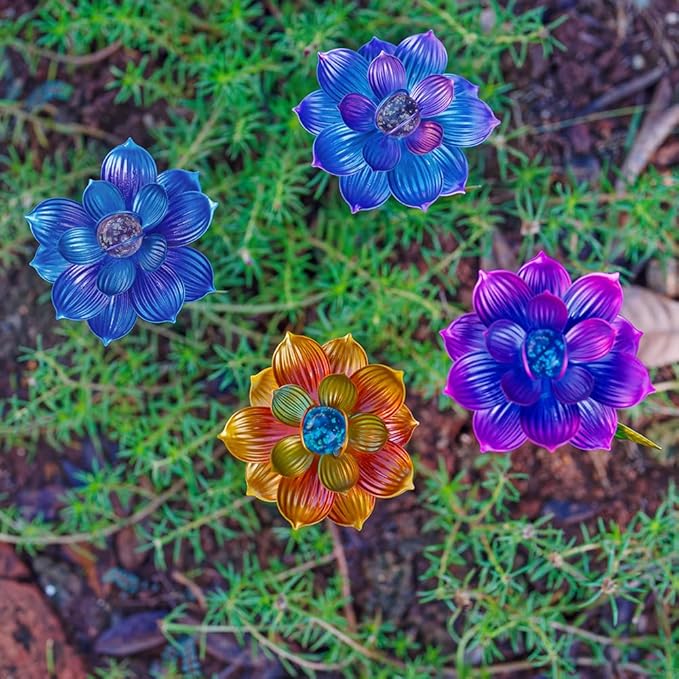 Viveta 4 Pack Flower Decorative Garden Stakes, Metal Flowers Outdoor Decor Metal Flower Sticks for Patio, Lawn, Yard Decorations