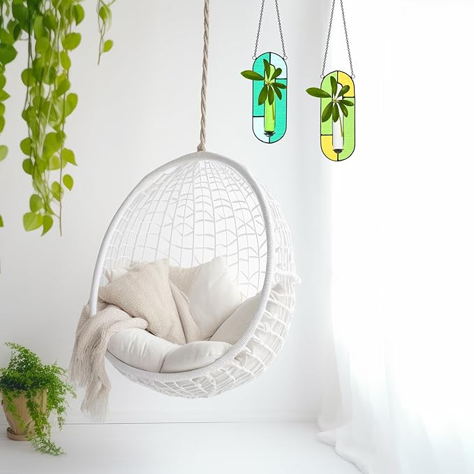 2 Sets Stained Glass Window Hanging Propagation Window Propagation Stations Planters with Glass Tubes and Chain Terrarium Wall Plant Holder Decor for Living Room