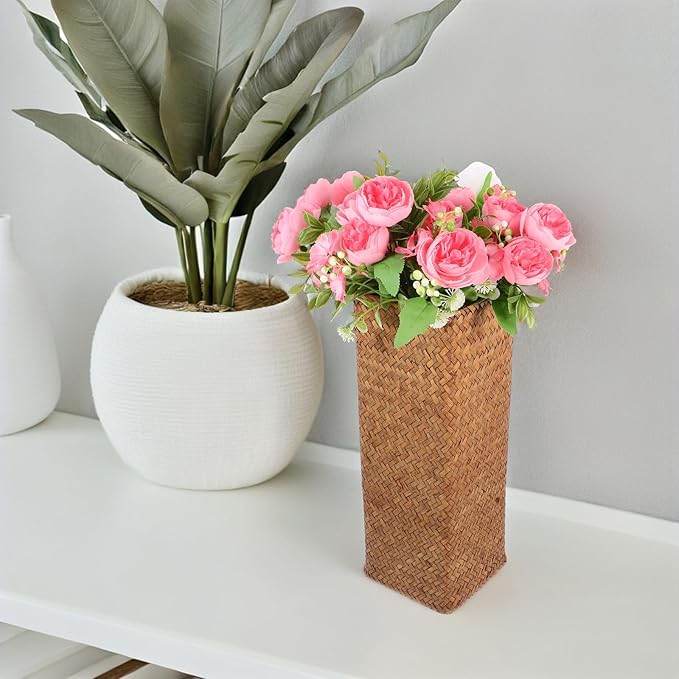 Rustic Large Woven Flower Basket Vase 14x14x38cm Seagrass Dried Flower Holder Boho Home Decor Planter for Indoor Floral Arrangement