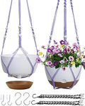 Koalaime 2 Pack Hanging Planters Set,10 Inch Indoor Outdoor Hanging Plant Pot Basket,Hanging Flower Pot with Drainage Hole with 3 Hooks for Garden Home(Purple Hanger White Planters)