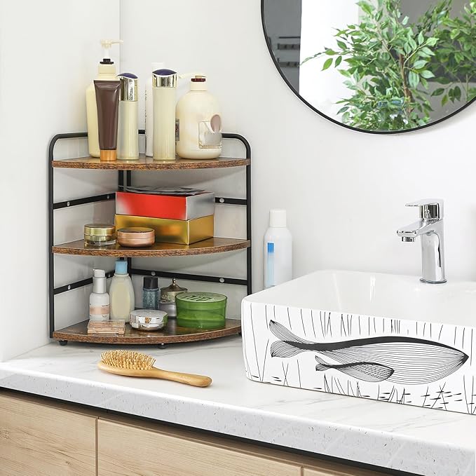 IBUYKE Corner Shelf, Kitchen Counter Organizer, Bathroom Vanity Trays, 3-Tier Spice Rack for Small Spaces,Cosmetic Storage Perfume Holder, Adjustable Height, Rustic Brown,TWJ002H