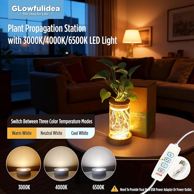 2Pack Plant Propagation Station with 9-Level Adjustable LED Light, Glass Planter Station with Waterproof Lighted Wooden Base, Desktop Hydroponic Plants Terrarium Vases Jars for Home & Office Decor