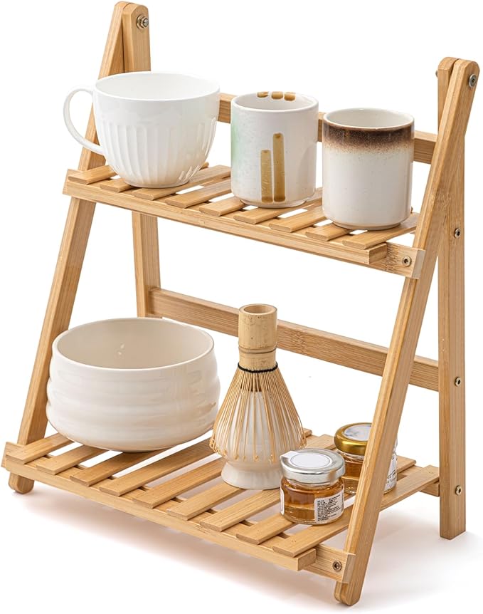 Yalikop Matcha Station Shelf, 11.8'' Coffee Station Organizer, 2 Tiers Bamboo Mug Holder Countertop, Desktop Flower Pot Rack for Home Living Room Window Sill Foldable Display Storage Shelf(Wood)