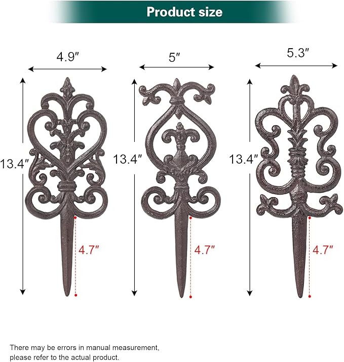 Sungmor Vintage Cast Iron Garden Stakes - 3PCS Ornate Metal Plant Stakes for Yard Art, Patio,Lawn Ornamentation,5.3inch Tall Antique Black Finish,Exquisite Garden Decor