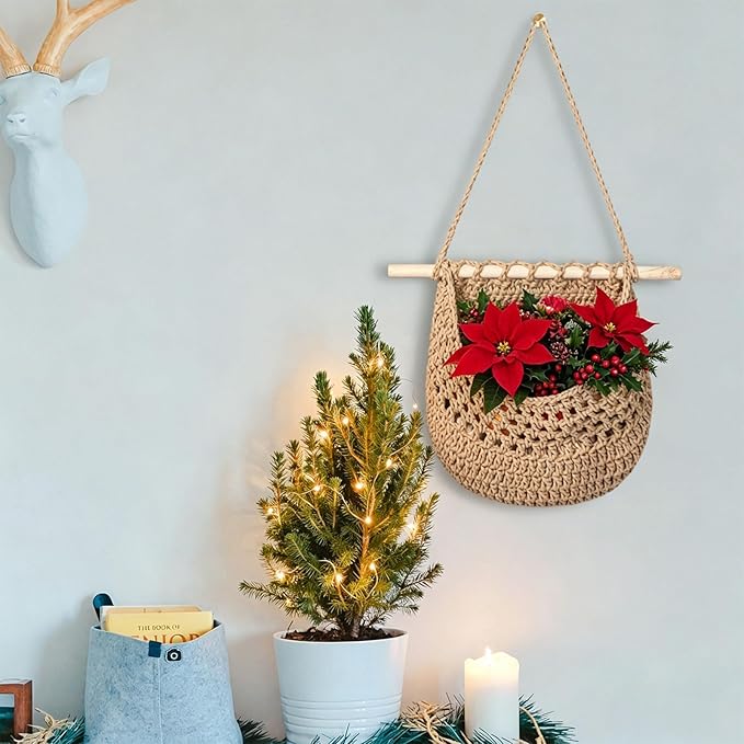 Hanging Fruit Basket Handmade Boho Cotton Rope Wall Hanging Basket Over Door Storage Woven Baskets for Kitchen and Bedroom to Store Any Small Stuffe (1, jute)