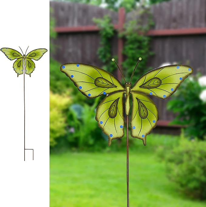 Garden Decor Metal Yard Stakes Spring Lawn Art Decorative Plant Stake Indoor Outdoor Ornaments Decoration for Patio Pathway Backyard (Green Butterfly)