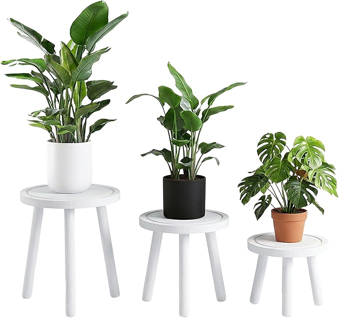 Amdermi 3-Pack Wood Plant Stands Indoor, Single Plant Stand for 6-12 Inch Pots, Mid-Century Modern Plant Stool, Tall Plant Stand for Large Plants for Living Room, Balcony, Office (White)