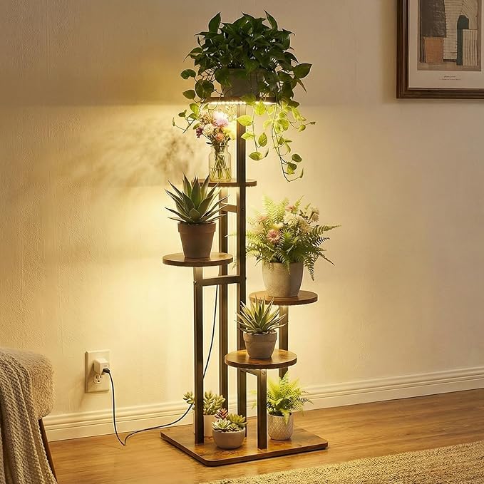 5 Tier Plant Stand Indoor with Grow Light, Tiered Plant Stands for Indoor Plants Multiple, Corner Flower Stand for Living Room, Multi-Layer Vintage Design Plant Shelf