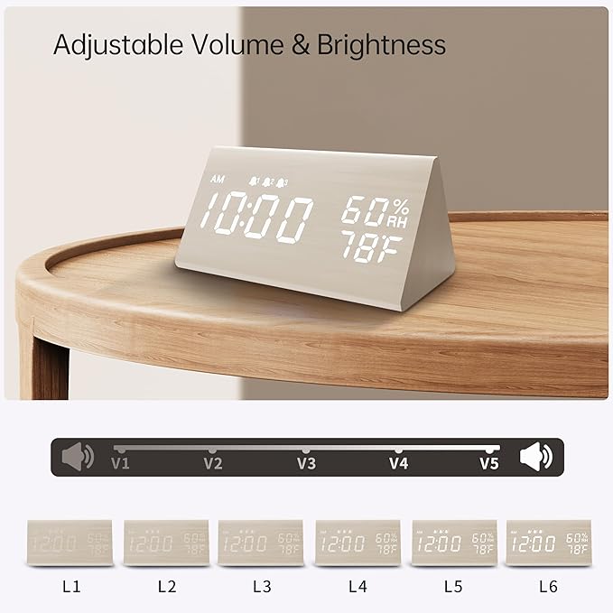 JALL Digital Alarm Clock, with Wooden Electronic LED Time Display, 3 Alarm Settings, Humidity & Temperature Detect, Wood Made Electric Clocks for Bedroom, Bedside (White)