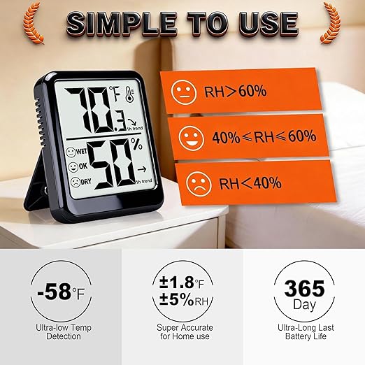 Room Thermometer Indoor Hygrometer Humidity Meter Gauge Digital Temperature and Humidity Sensor Monitor for Home Office House Pets Plants - AAA Battery Included