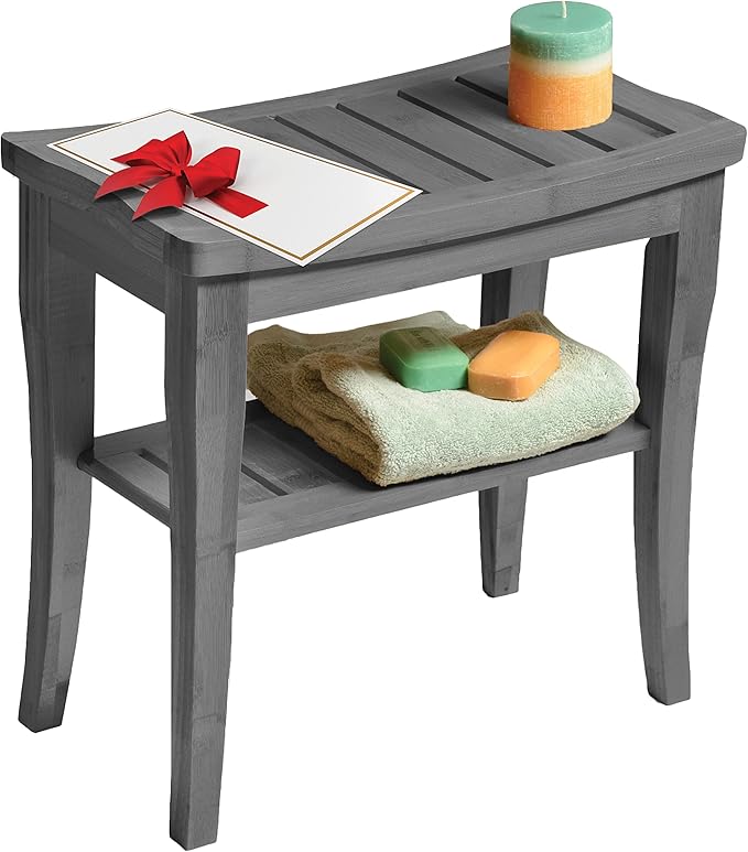 Grey Shower Bench - Small Wooden Shower Stool with Storage Shelf, Non-Slip Bathroom Seat, Spa Decor Bath Bench, Foot Rest Shaving Stool for Shower, Indoor Outdoor Use, Great Gift Idea (17" x 9 x 17)