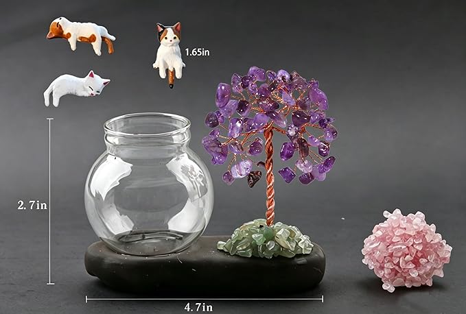 Plant Propagation Station, Amethyst Tree Hydroponic Glass Container Vase Jars with Cute Cat Figurine, Home Office Desks Aesthetic Decorations, Gift for Women Plant Lovers and Cat Lover